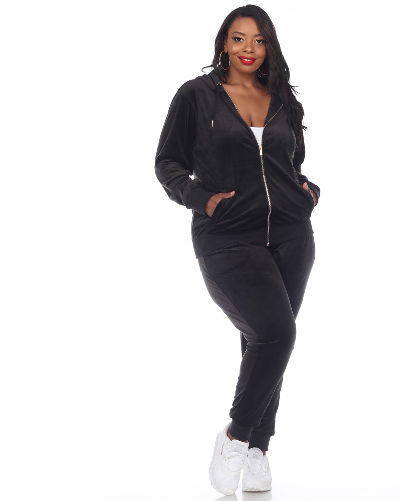 Front of a model wearing a size 1X 2 Piece Velour Track Suit in Black by White Mark. | dia_product_style_image_id:247583
